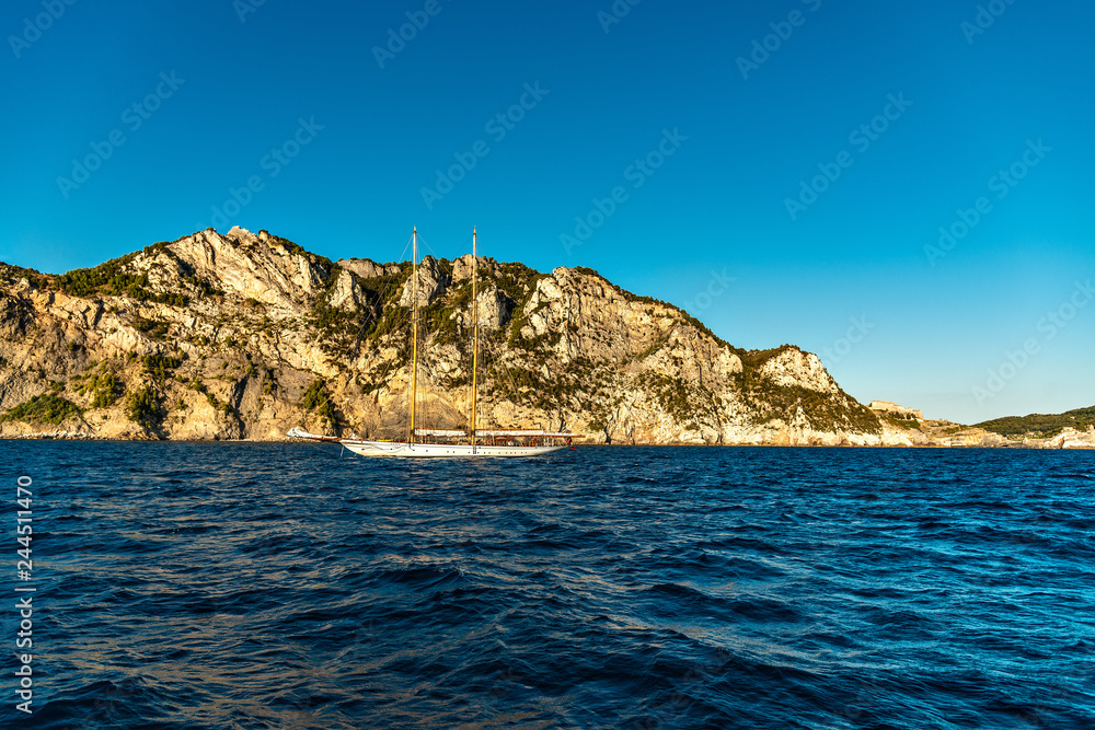 Superyacht Germania Nova at anchor in a bay along the Ligurian Coast