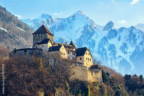 Vaduz Castle, Liechtenstein, with snow covered Alps mountains in background photo