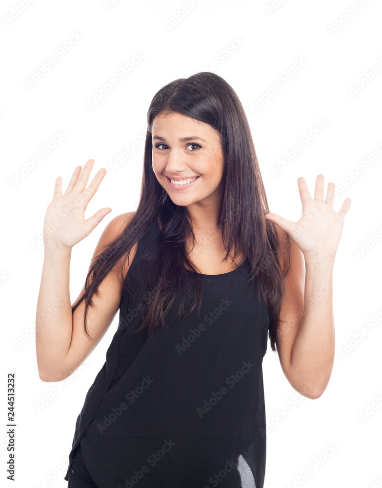 beautiful happy young woman in black dress and hands in the air beautiful happy young woman in black dress and hands in the air