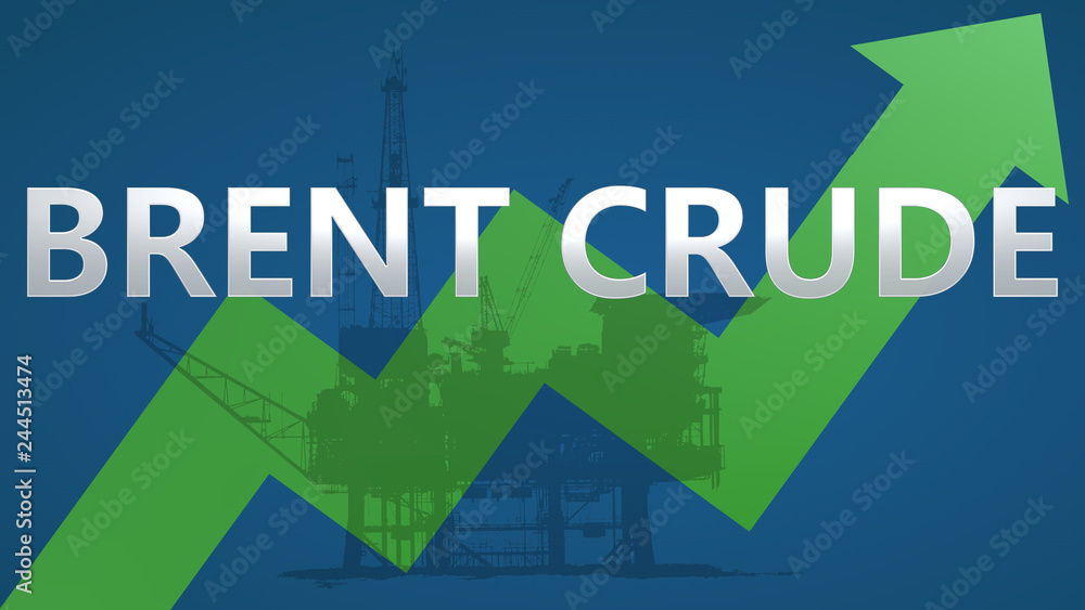 The price of Brent Crude oil is going up. A green zig-zag arrow with an ...