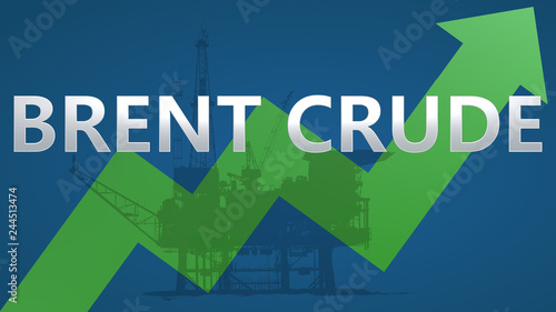 The price of Brent Crude oil is going up. A green zig-zag arrow with an oil platform behind the word Brent on a blue background shows upwards, symbolizing a price rise or growth of the commodity.