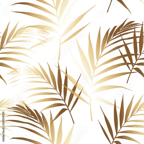 Seamless pattern with golden palm leaves on white background.