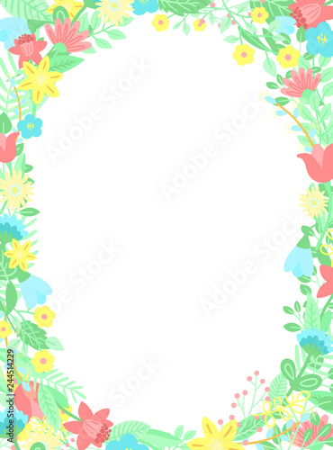 Vector image of a wreath of flowers and leaves on a white background. Hand-drawn Easter illustration for spring happy holidays, summer, greeting card, poster, banner, children, baby, print, decoration