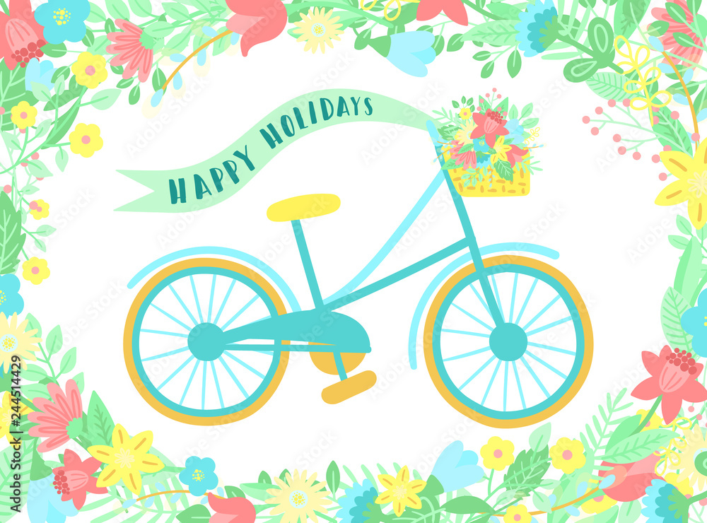 Fototapeta premium Vector image of a bicycle with basket, flowers, ribbon on a pink background with wreath. Hand-drawn Easter illustration for spring happy holidays, summer, greeting card, poster, banner, children, baby