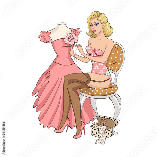 Sexy pin-up blonde girl sews dress 1950s stile