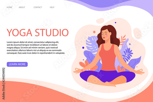 Creative web page template of Yoga Studio. Modern flat design concept of web page design for website. Woman does yoga exercise, yoga pose