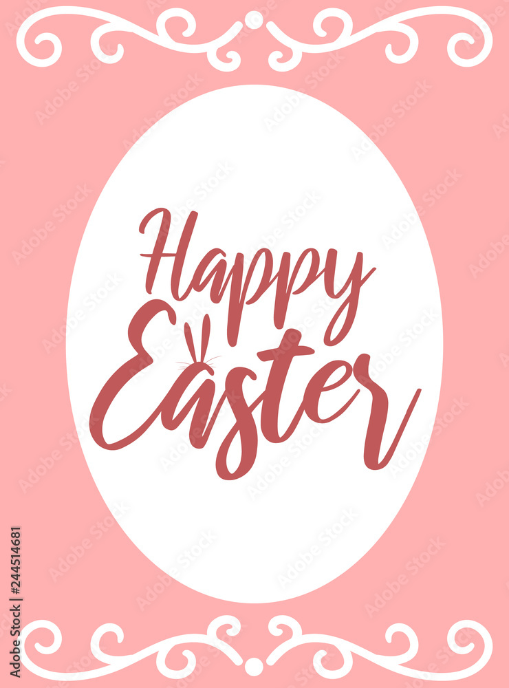Vector image of an inscription with rabbit's ears and decorations on a pink background. Easter illustration for spring happy holidays, summer, greeting card, poster, banner, children, print, decor