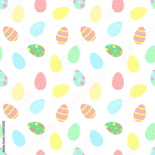 Easter seamless pattern with colorful eggs on a transparent background. Vector hand-drawn illustration for spring holiday, print, wrapping paper, scrapbook, textile, gift, clothing, children.