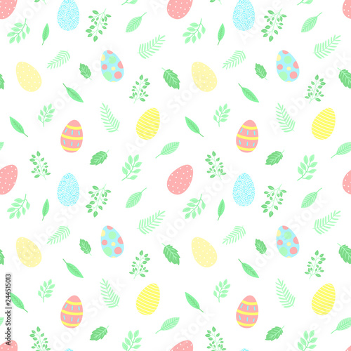 Easter seamless pattern with colorful eggs and green leaves on a transparent background. Vector hand-drawn illustration for spring holiday, print, wrapping paper, scrapbook, textile, gift, children.