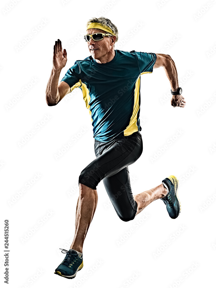 one caucasian senior man running runner jogger jogging in studio shadow silhouette isolated on white background one caucasian senior man running runner jogger jogging in studio shadow silhouette isolated on white background