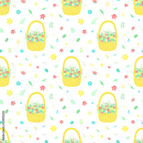 Easter seamless pattern with basket of flowers and bouquet on a transparent background. Vector hand-drawn illustration for spring holiday, print, wrapping paper, scrapbook, textile, gift, children