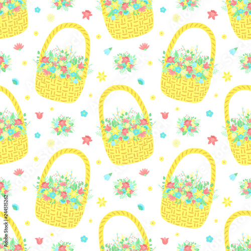 Easter seamless pattern with yellow basket and bouquet of flowers on a transparent background. Vector hand-drawn illustration for spring holiday, print, wrapping paper, scrapbook, textile, gift, child