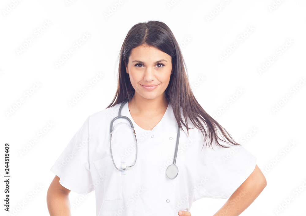 portrait of smiling nurse or brunette doctor in white coat with stethoscope portrait of smiling nurse or brunette doctor in white coat with stethoscope