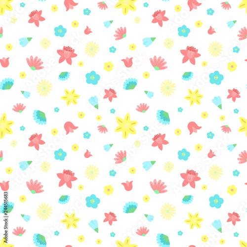 Easter seamless pattern of colorful flowers on a transparent background. Vector hand-drawn illustration of plants for spring holiday, print, wrapping paper, textile, clothing, card, baby, summer