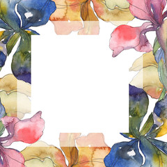 Purple, red, orange and blue irises flower. Watercolor background set. Frame border ornament square.