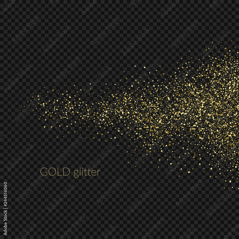 Chaotic particles on a dark background. Gold glitter.