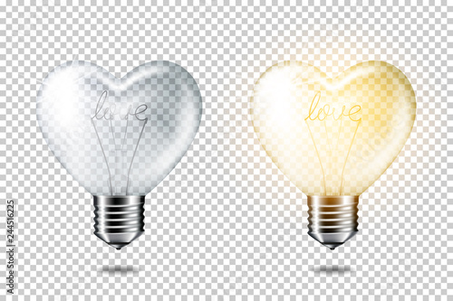 Transparent realistic light bulb heart shape with words love set, isolated. 