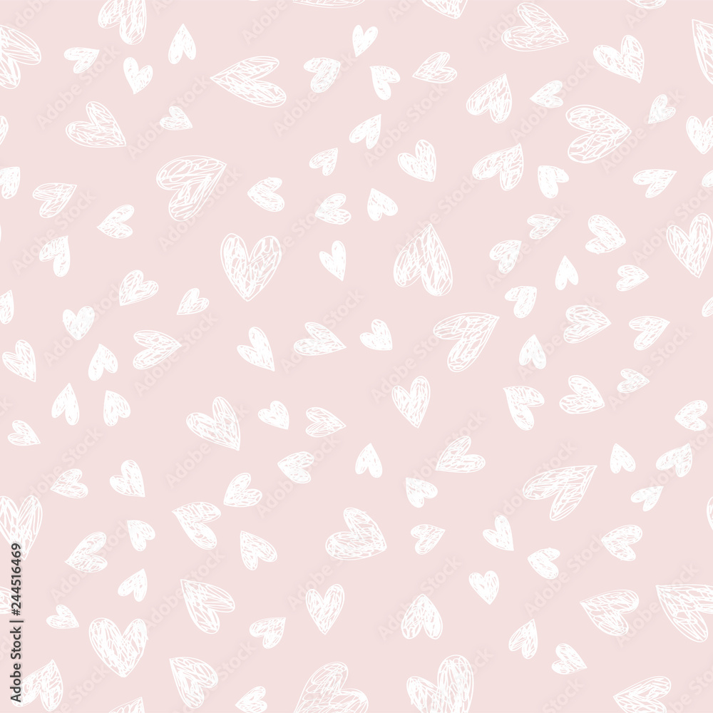 Holiday doodle Lovely Valentines Day background seamless pattern with cute hand drawn white hearts on pink background. Vector illustration.