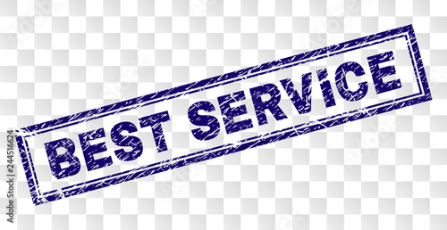 BEST SERVICE stamp seal print with rubber print style and double framed rectangle shape. Stamp is placed on a transparent background. Blue vector rubber print of BEST SERVICE text with dirty texture.