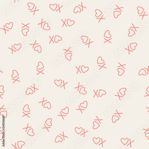 XOXO brush lettering signs seamless pattern with hearts, hugs and kisses phrase, Internet slang abbreviation XOXO symbols, vector illustration.