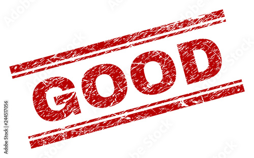 GOOD seal print with corroded style. Red vector rubber print of GOOD text with unclean texture. Text tag is placed between double parallel lines.