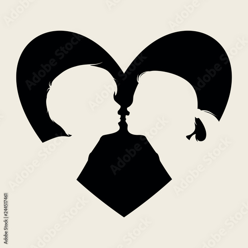 Boy kiss girl heart silhouette. Couple in love vector silhouette. Valentines day card kissing lovers