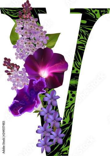 decorated letter V from flowers isolated on white