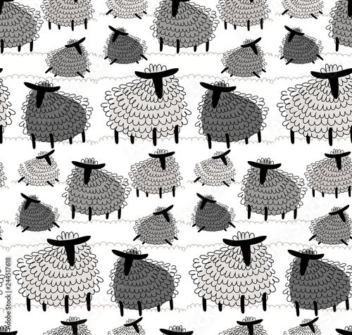Scandinavian cute vector illustration, seamless pattern of graphic drawing monochrome sheep. Fluffy wool lamb background for fabric, textile, paper, wallpaper, wrapping or greeting card. Kids element
