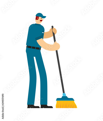 Janitor with sweeping brush. Service worker man. Cleaner man. swabber