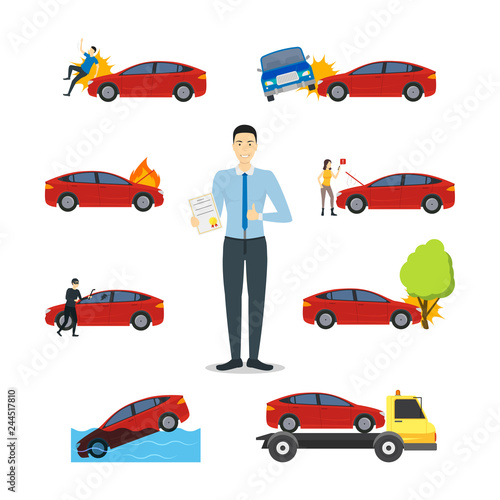Cartoon Car Insurance Signs Icon Set. Vector