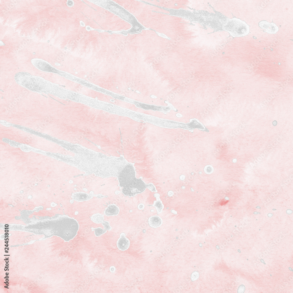 Fototapeta premium Luxury rose gold and white metal paint splatter effect on watercolor paper background. Pink gold glitter splash texture. Beautiful feminine backdrop.