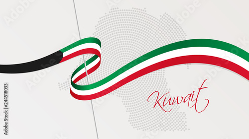 Wavy national flag and radial dotted halftone map of Kuwait