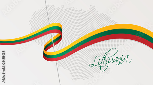 Wavy national flag and radial dotted halftone map of Lithuania
