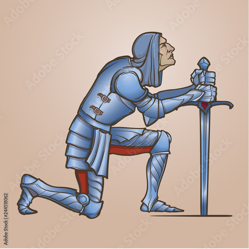 Medieval knight kneeling down and offering his service. Medieval gothic style concept art. Design element. Color drawing isolated on gradient background. EPS10 vector illustration