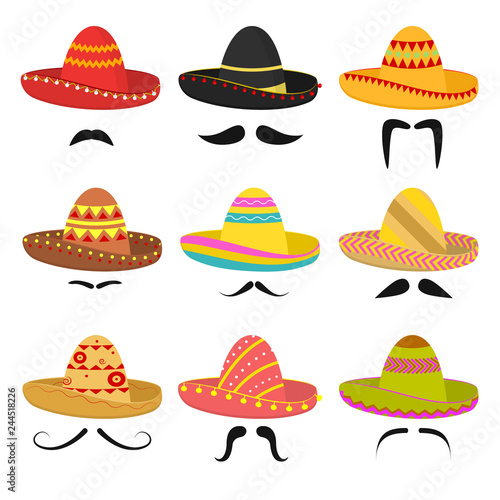 Cartoon Mexican Sombrero Hat Signs Icon Set. Vector
