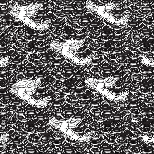 Blessing hand appearing from the clouds. Seamless pattern. Popular decorative motiff in Medieval european art. Element for medieval style illustrations. Black and white. EPS 10 vector illustration