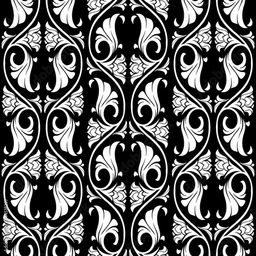 Gothic floral seamless pattern. Vertical rhythm. Popular motiff in Medieval european art. Element for designing medieval style textile, prints and illustrations. Black and white EPS 10 vector