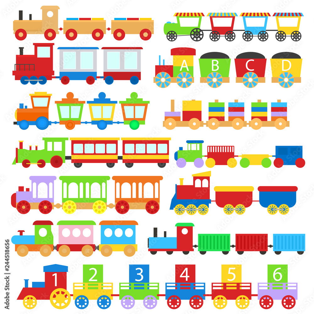 Cartoon Train Toy Children Signs Icon Set. Vector