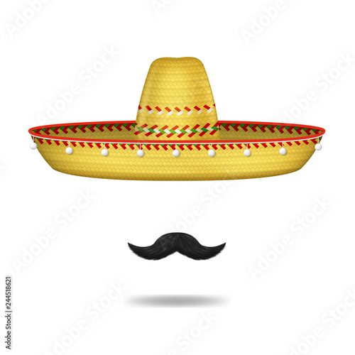 Realistic 3d Detailed Mexican Sombrero Hat and Mustache Set. Vector