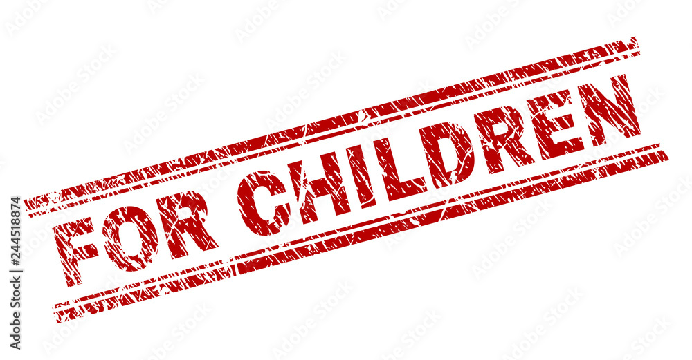FOR CHILDREN seal print with grunge texture. Red vector rubber print of FOR CHILDREN text with dust texture. Text title is placed between double parallel lines. FOR CHILDREN seal print with grunge texture. Red vector rubber print of FOR CHILDREN text with dust texture. Text title is placed between double parallel lines.