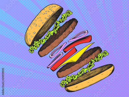 Burger with cutlet, salad, cheese, tomato, onion. Pop Art vintage vector illustration