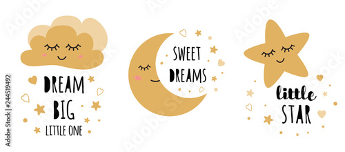 Kids posters set. Childish typography print room decoration Dream big Black gold Vector Illustration