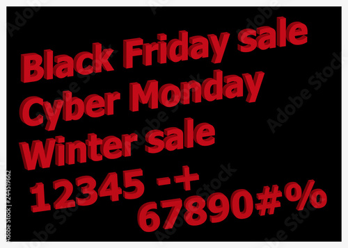 Set of bright red 3D style font Black Friday, Cyber Monday, Winter sale and numbers sign. 3D number symbol with percent discount sale promotion design isolated in background.