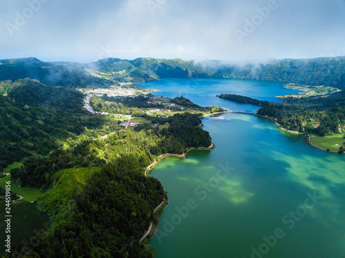 View of the lakes in Sete Cidades volcanic craters on San Miguel island, Azores - Portugal.