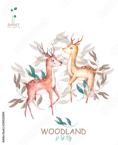 Cute baby deers animal isolated illustration for children. Bohemian watercolor boho forest deer family watercolor drawing Perfect for nursery posters. Birthday invite