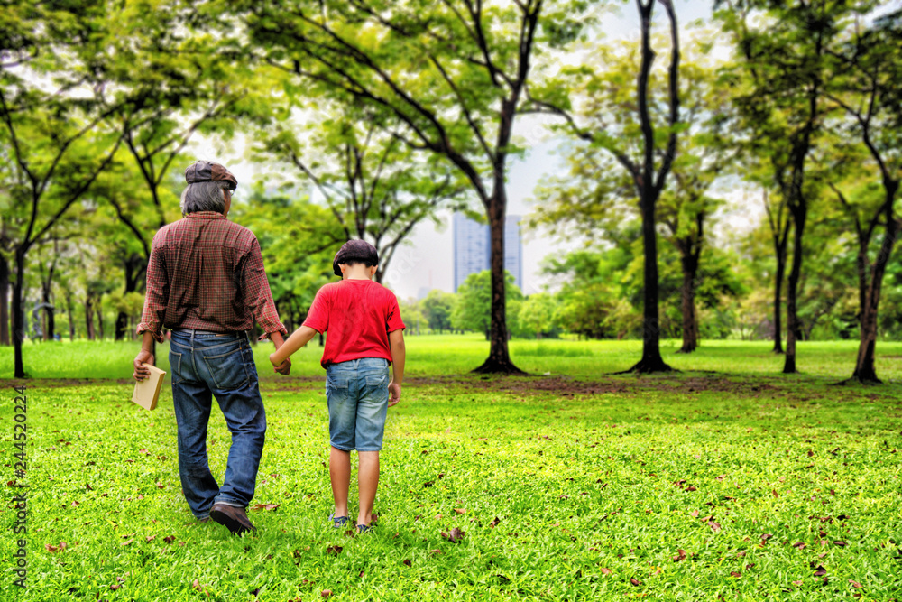 father and son walking together in park