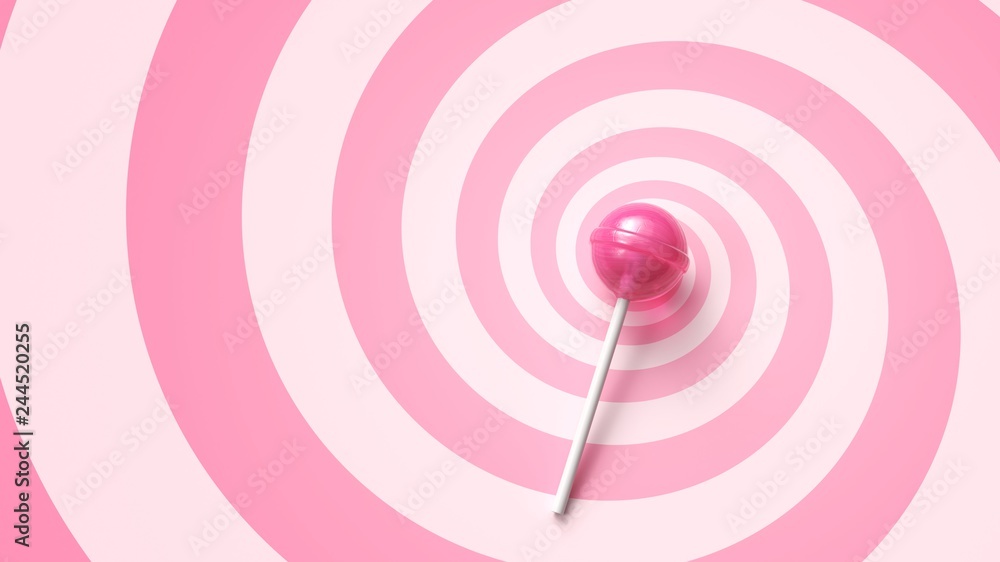 Sweet lollipop on stick on pink spiral background - obrazy, fototapety, plakaty 