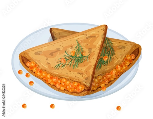 Fried pancakes, blini or crepes stuffed with caviar and lying on plate isolated on white background