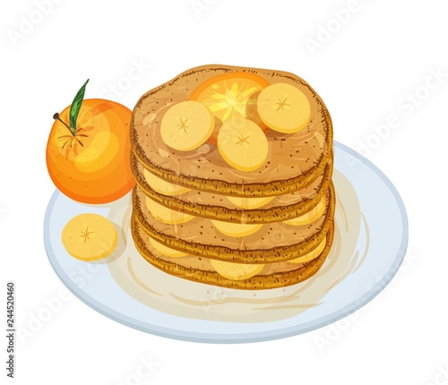 Delicious pancakes or oladyi topped with syrup and fruits lying on plate isolated on white background