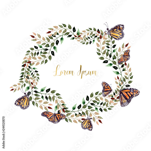 Beautiful Watercolor wreath with butterfly and leaves.